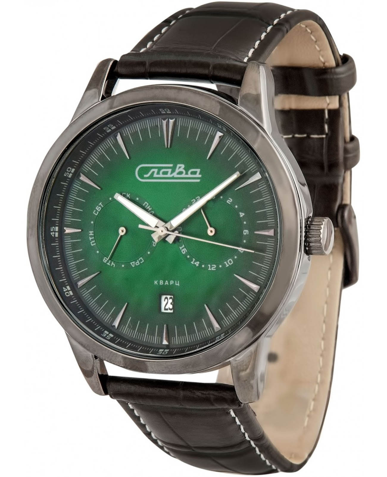 Слава Слава Традиция 2336473/300-JP21  2336473/300-JP21 кварцевые мужские часы зеленый циферблат, браслет кожаный — вид спереди